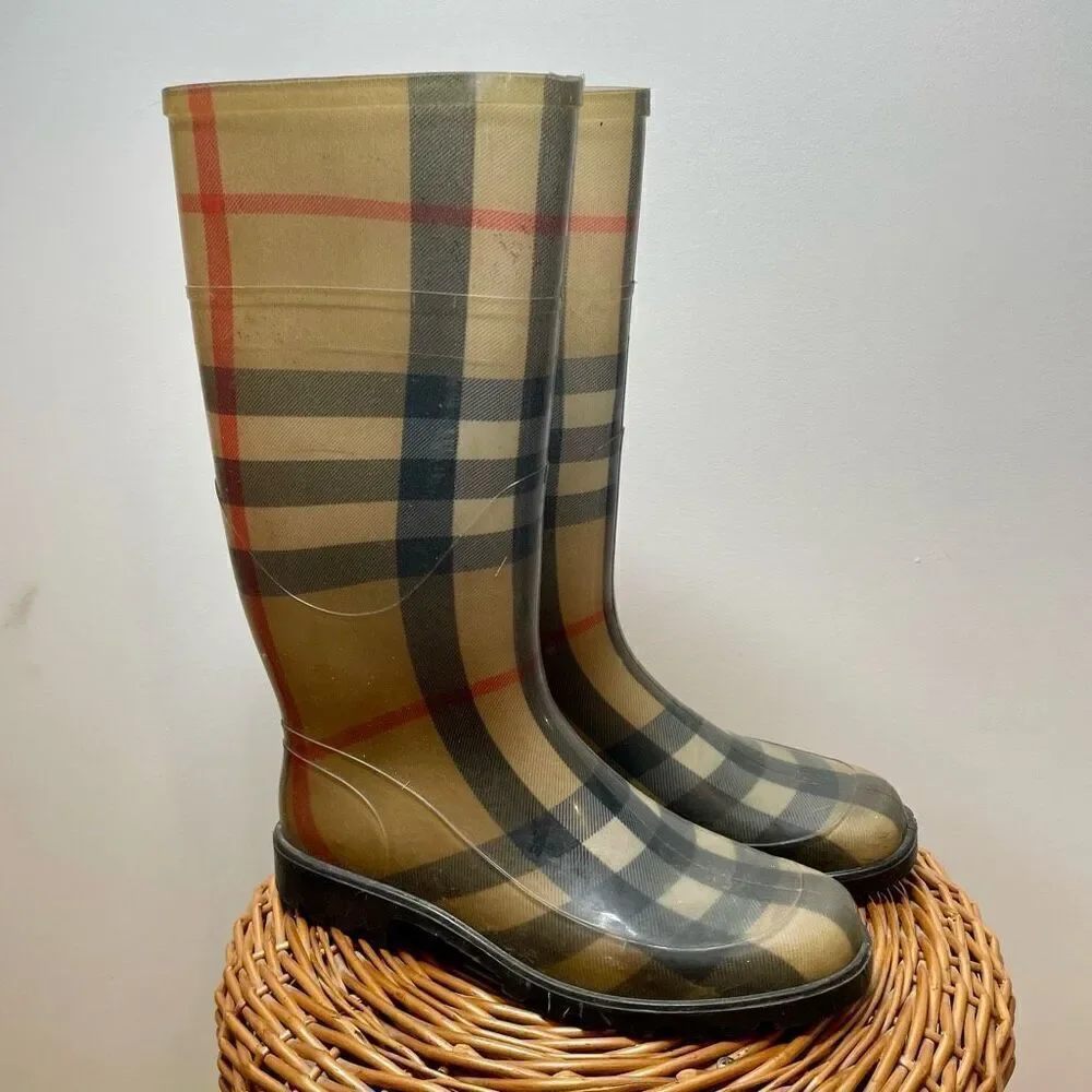 Burberry Rain Boots Waterproof Rubber Nova Check Size 39‎ Plaid Print Outdoor